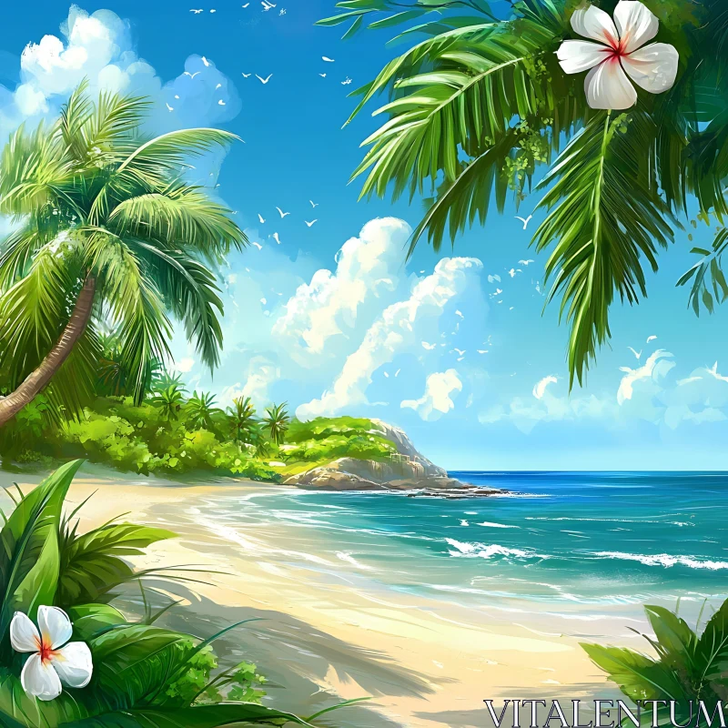 Scenic Tropical Beach with Palm Trees and Ocean Waves AI Image