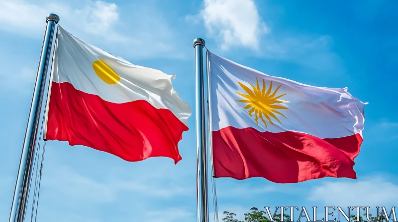 Distinctive Flags Fluttering in Blue Sky AI Image