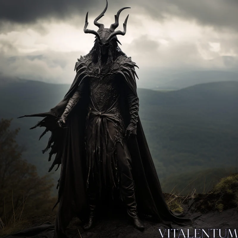 AI ART Dark Armored Figure Amidst Cloudy Peaks