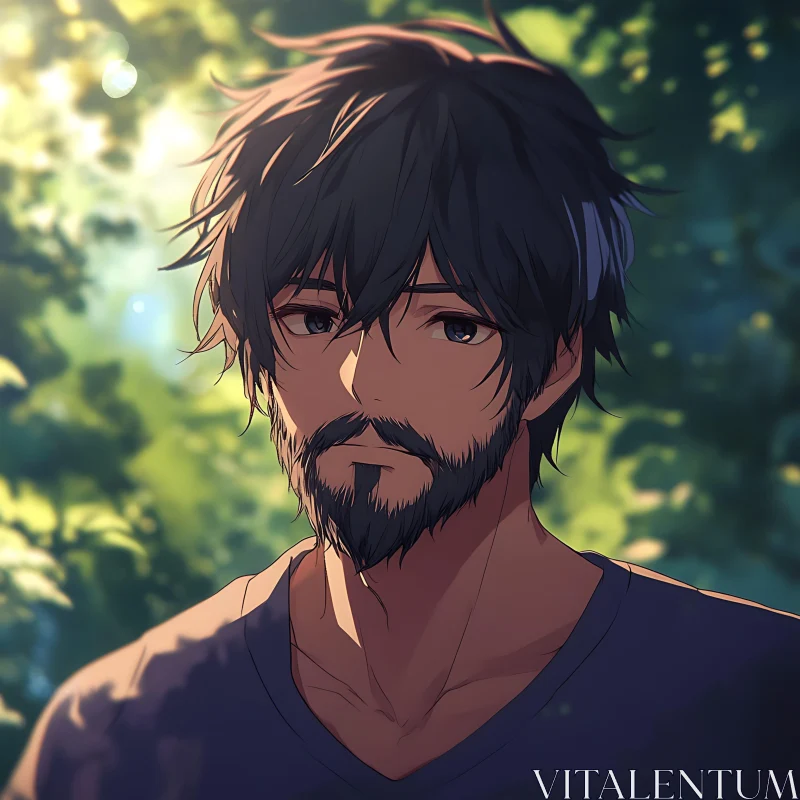 Contemplative Anime Character Amid Sunlit Foliage AI Image