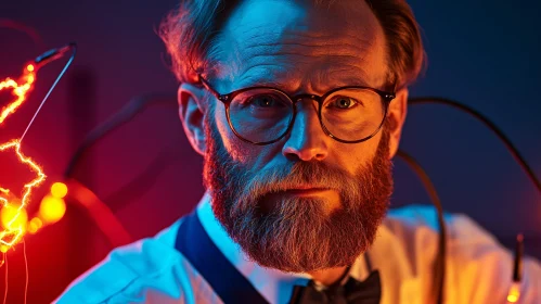 Focused Scientist in Lab with Colorful Lights