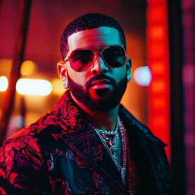 Fashionable Man in Patterned Jacket and Sunglasses