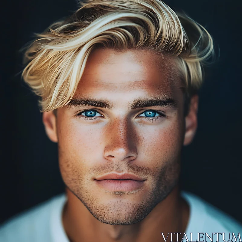 Striking Portrait of a Blue-eyed Blonde Man AI Image