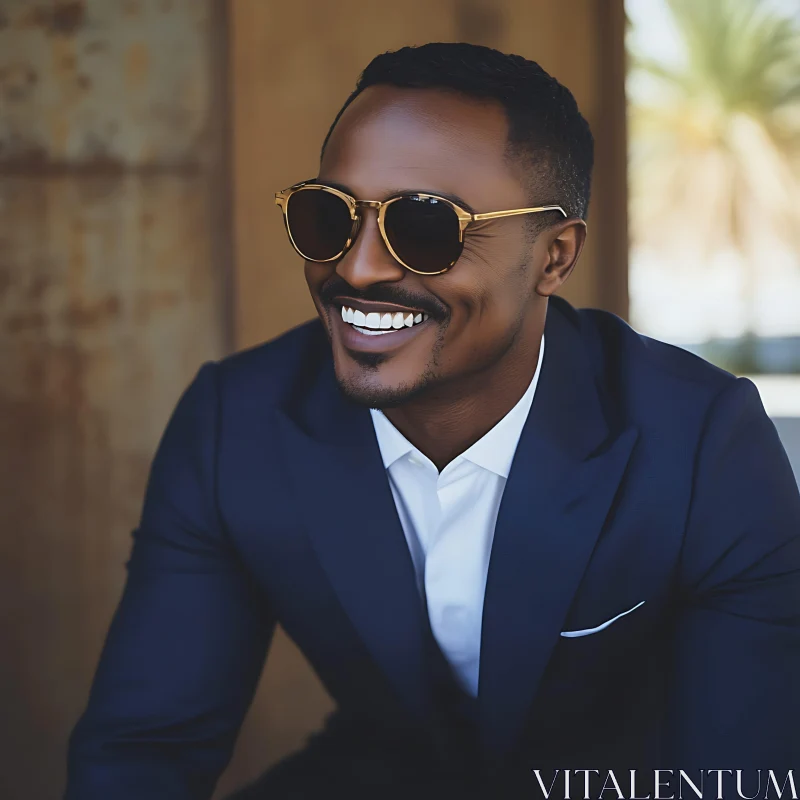 Man in Stylish Sunglasses and Dark Blue Suit Smiling Brightly AI Image