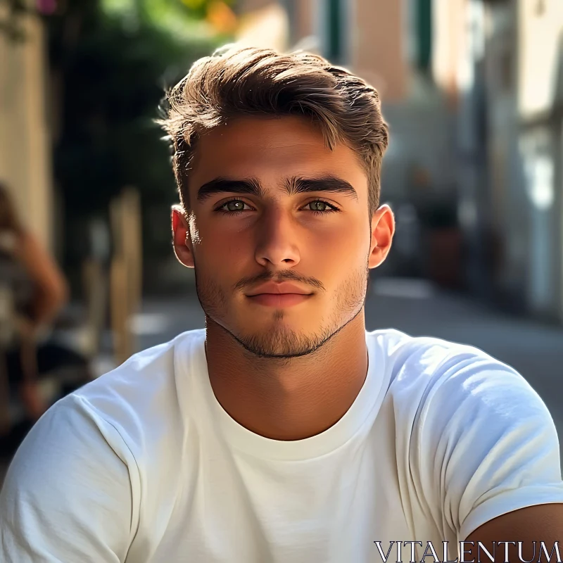 Outdoor Portrait of a Calm Young Man in Casual White Shirt AI Image