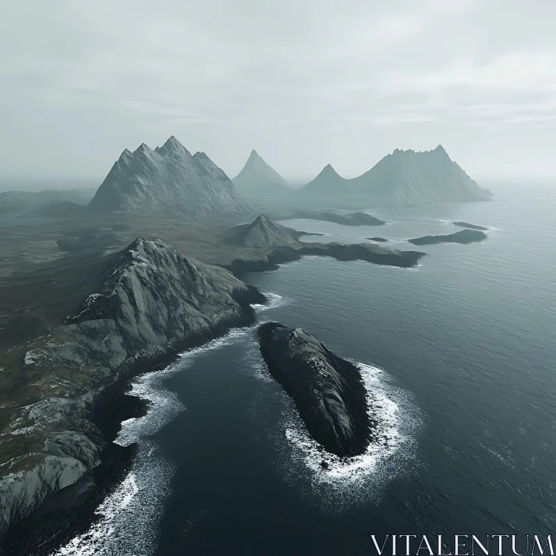 Tranquil Coastal Landscape with Mountain Peaks AI Image