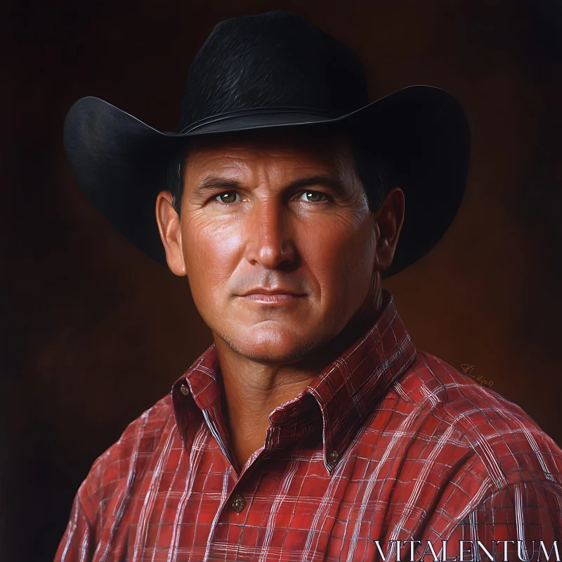 Cowboy in Black Hat and Red Plaid Shirt AI Image