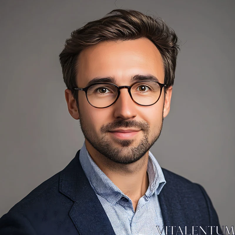 Young Man with Glasses and Dark Blue Blazer AI Image