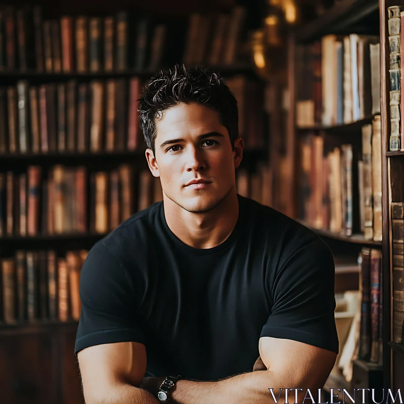 Man Sitting in Front of Bookshelf AI Image