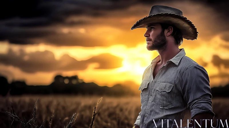 Cowboy in Countryside Sunset AI Image