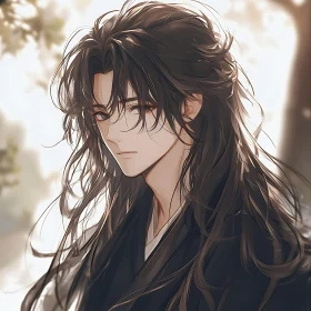 Melancholic Anime Character with Long Hair