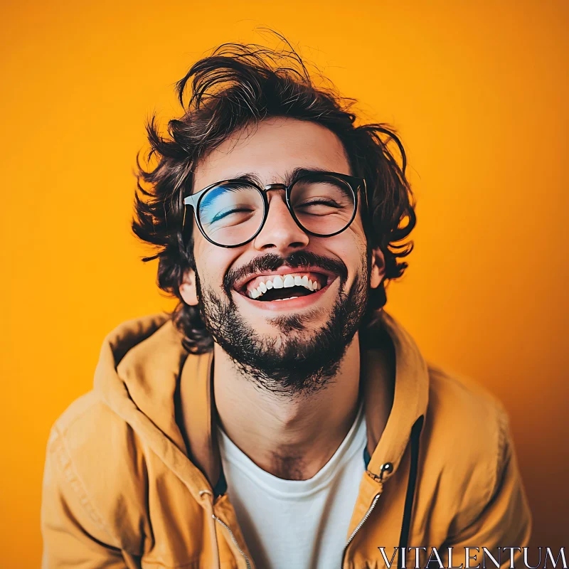 Joyful Bearded Man in Orange Hoodie and Glasses AI Image