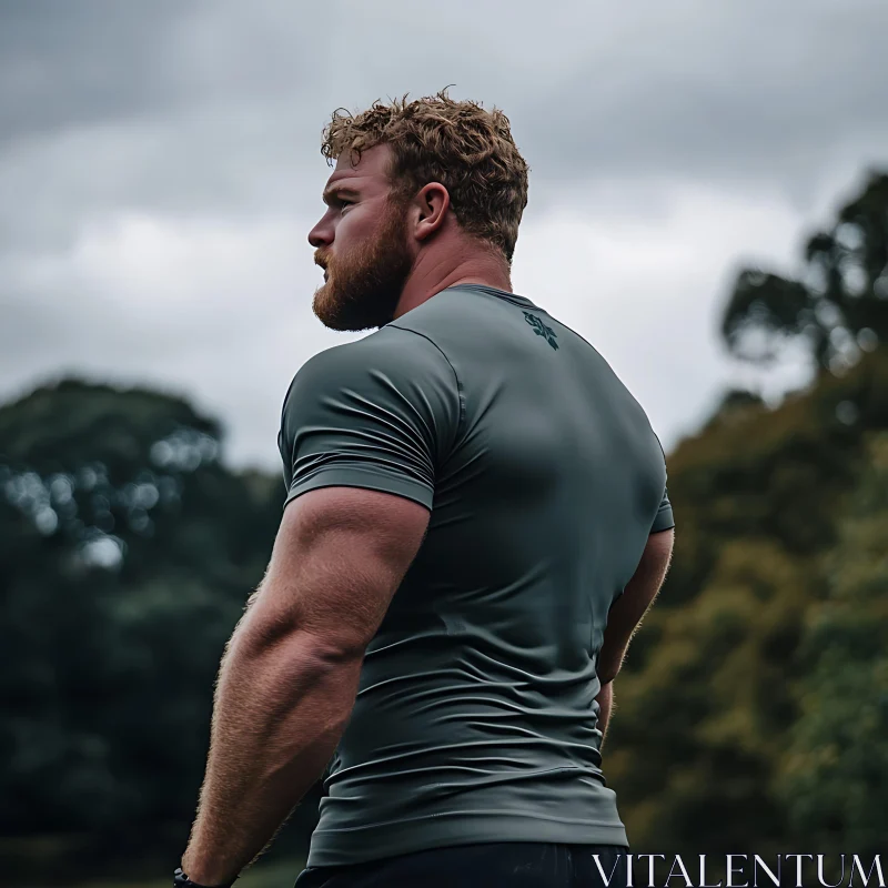 Man in Gray T-Shirt with Muscular Build AI Image