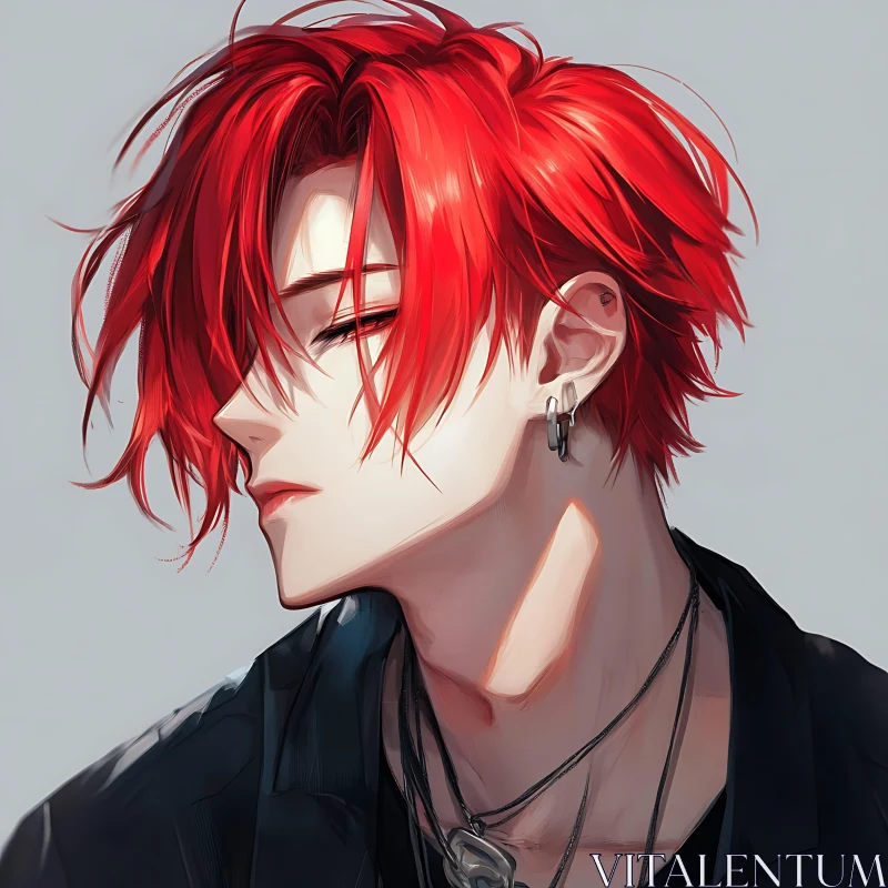 Red-Haired Anime Portrait with Earrings AI Image