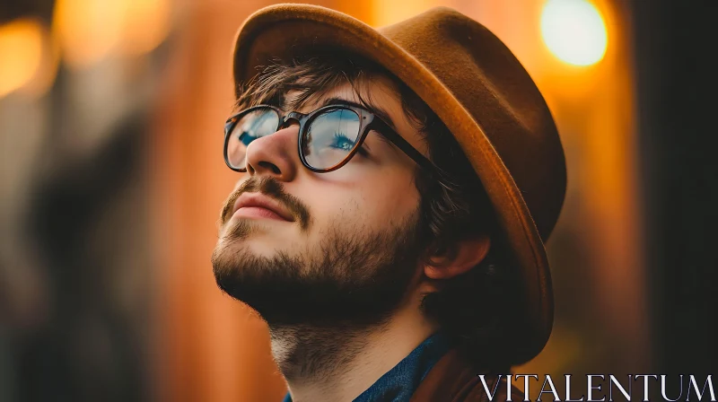 Young Man in Glasses and Hat Looking Up AI Image