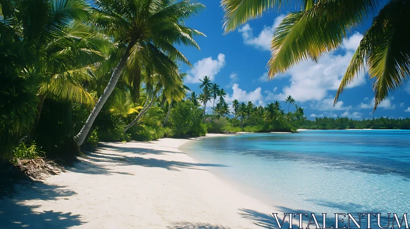 Idyllic Island Beachscape with Palm Trees and Sandy Shore AI Image