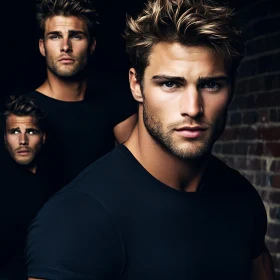 Man in Black T-Shirt Against Brick Wall