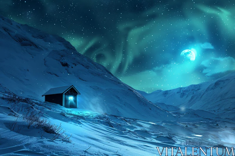 AI ART Snowy Mountain Aurora Cabin Scene