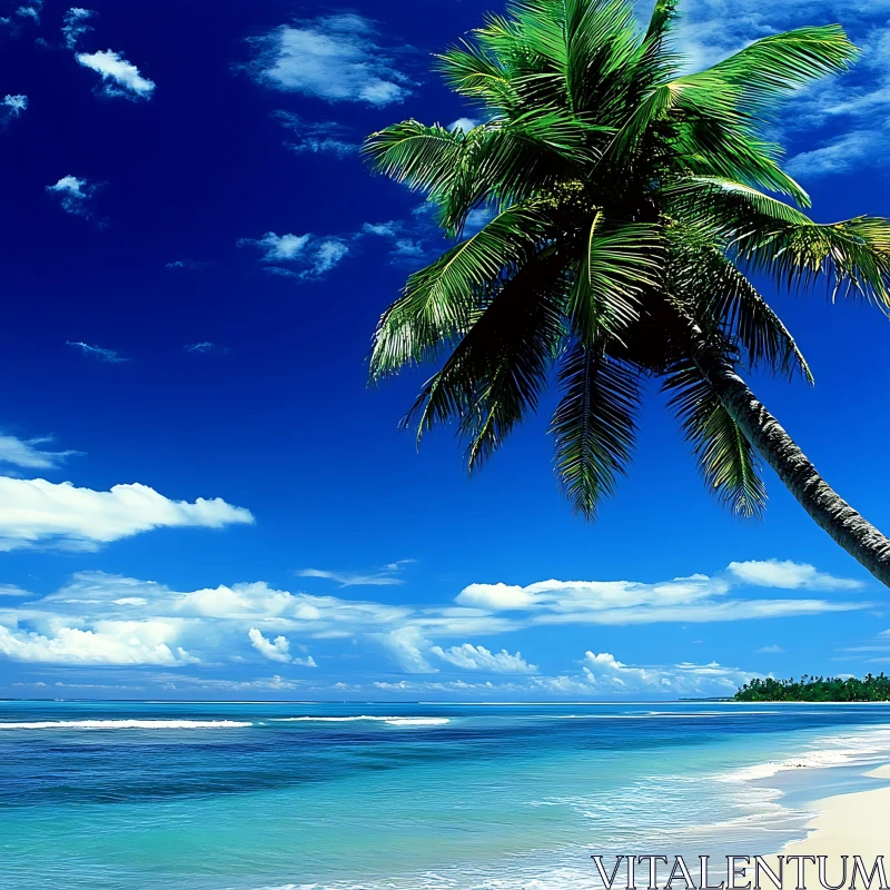 Idyllic Island Paradise with Palm and Ocean Waves AI Image