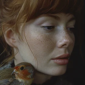 Redhead Woman and Bird Close-Up