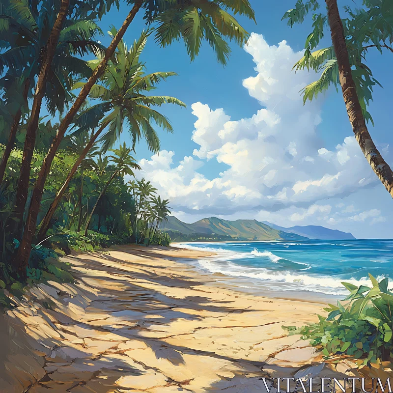 Serene Beach with Palm Trees and Blue Ocean AI Image