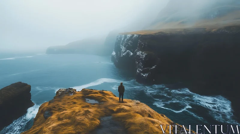 Lonely Person on Cliff in Foggy Coastal Landscape AI Image