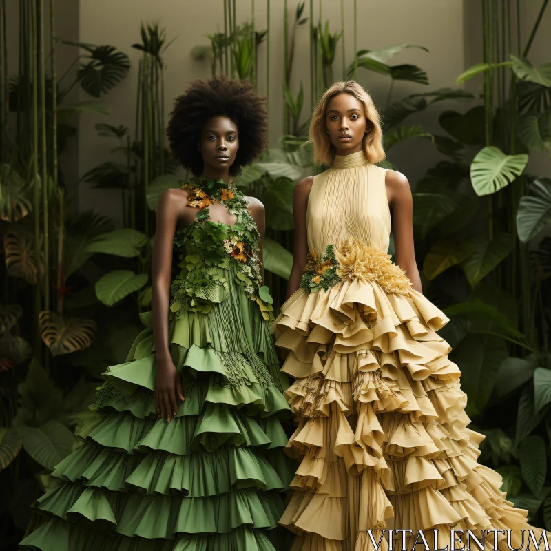 Nature-Inspired Green and Yellow Fashion Gowns AI Image