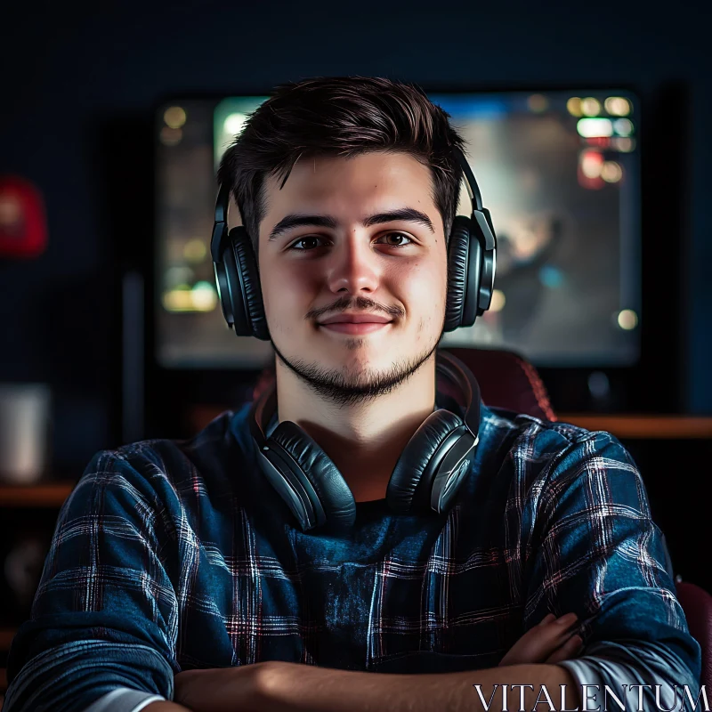 Smiling Gamer in Headphones AI Image