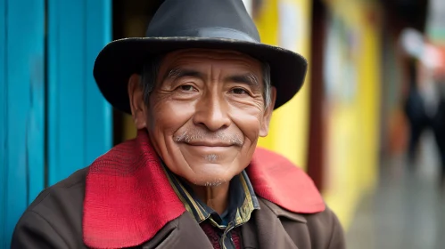 Elderly Man Smiling in Hat with Red Collar