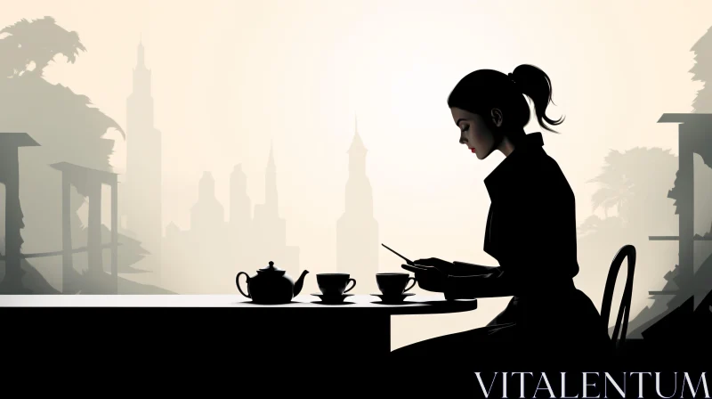 AI ART Silhouette of a Woman with Tea in Urban Setting