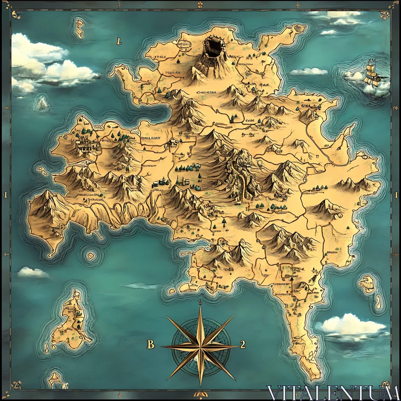 Fantasy Land Map with Sea, Mountains, and Settlements AI Image