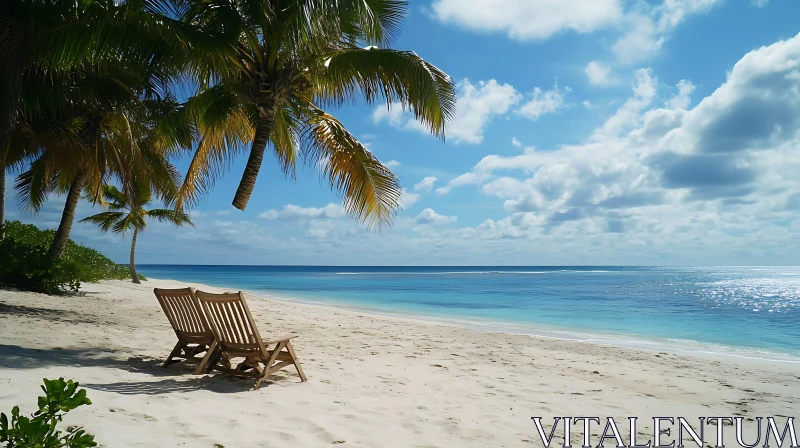 Peaceful Tropical Beach with Wooden Chairs AI Image