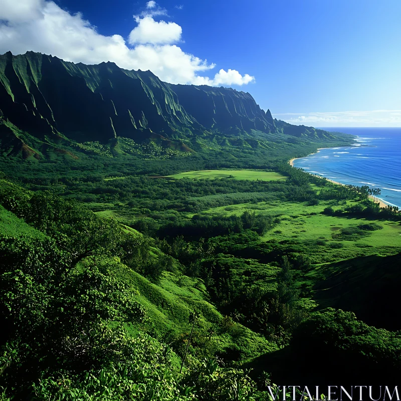 Majestic Coastal Scene with Lush Green Mountains and Serene Ocean AI Image