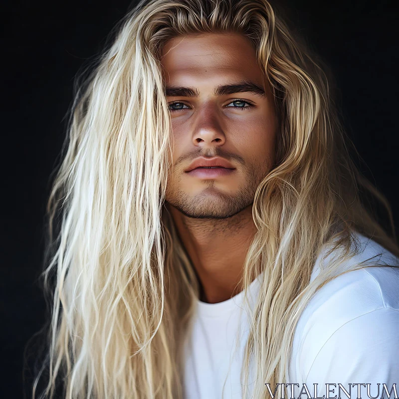 Young Man with Flowing Blonde Hair and Blue Eyes AI Image