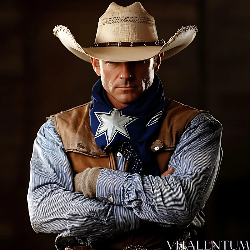 Stoic Cowboy Wearing a Leather Vest and Hat AI Image