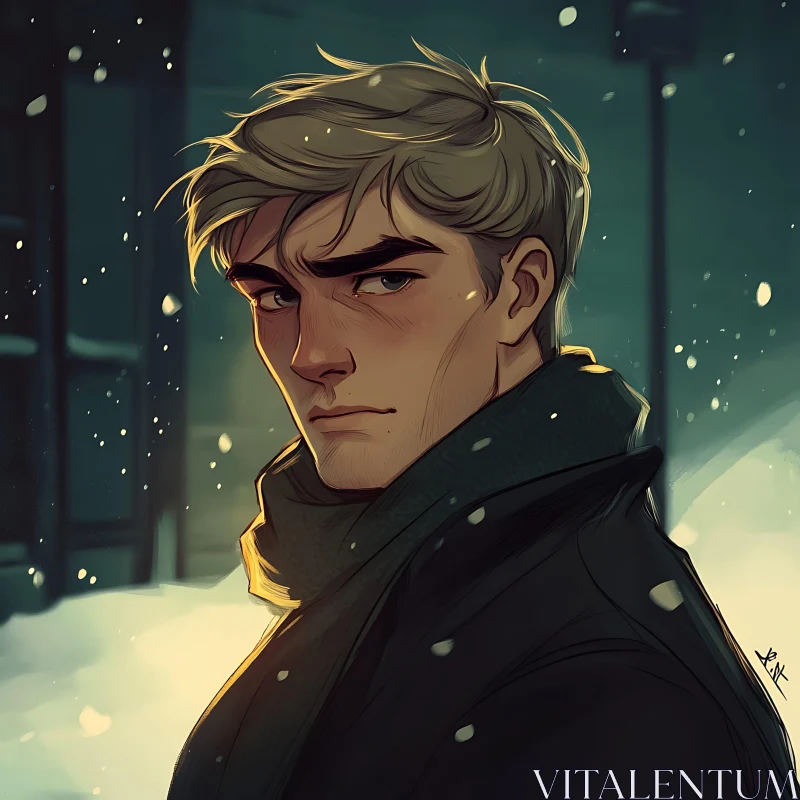 Anime Winter Scene: Thoughtful Young Man in Snowfall AI Image