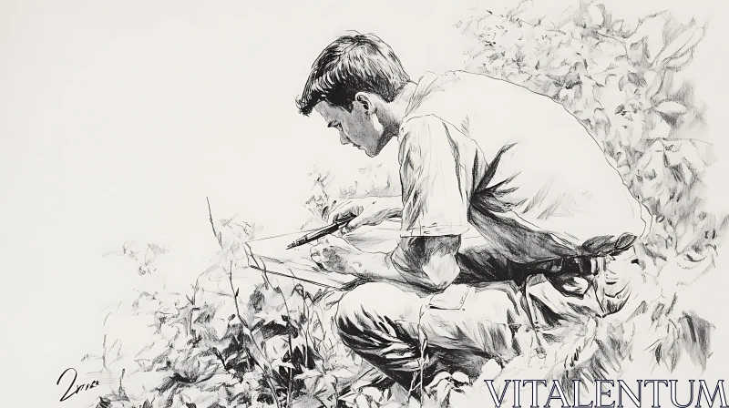 Artist Deep in Sketching Amidst Foliage AI Image