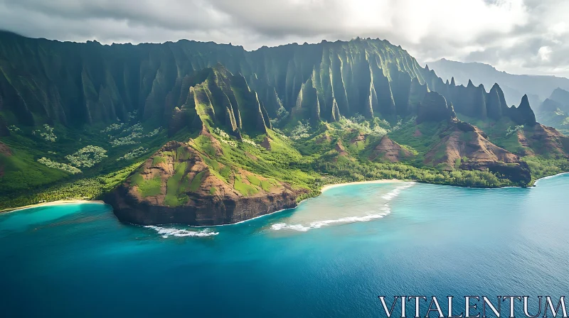 Aerial Island Landscape with Mountains and Turquoise Waters AI Image