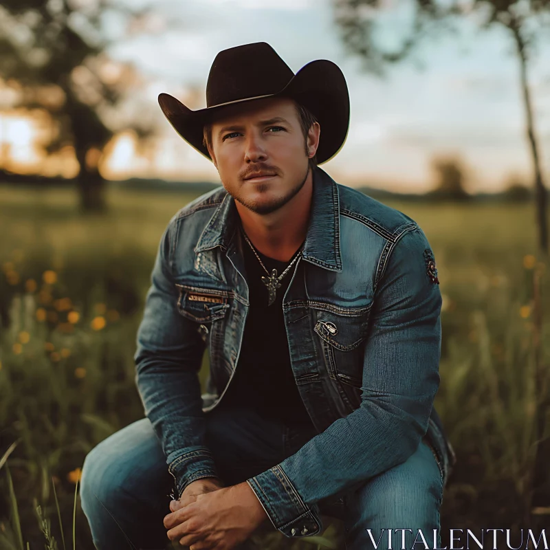 Man in Cowboy Hat and Denim in Nature AI Image