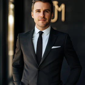 Elegant Man in Black Suit with Confident Stance