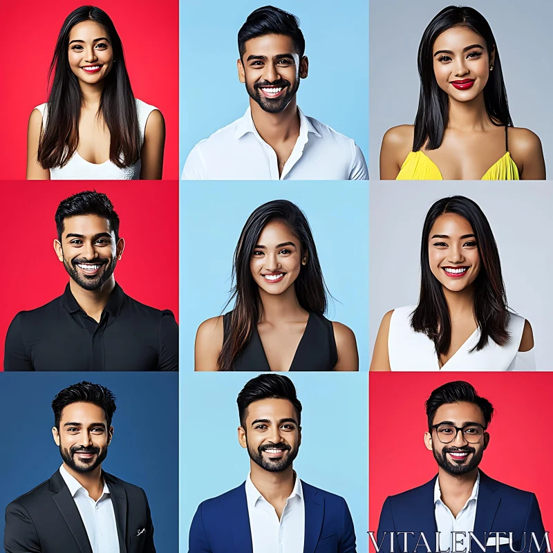 Diverse Smiling Faces in a Bold Colour Background Grid AI Image