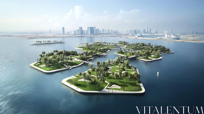 Modern Urban Islands with Green Parks and Palm Trees AI Image