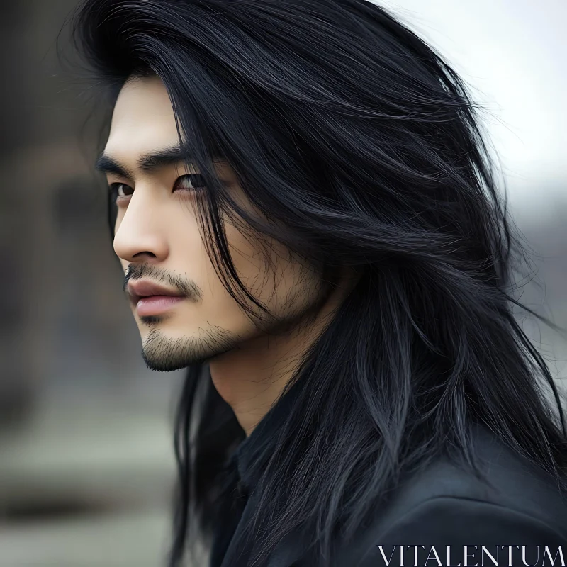 Tranquil Man with Long Black Hair and Beard AI Image