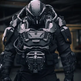 Futuristic Cyborg Suit in Industrial Setting