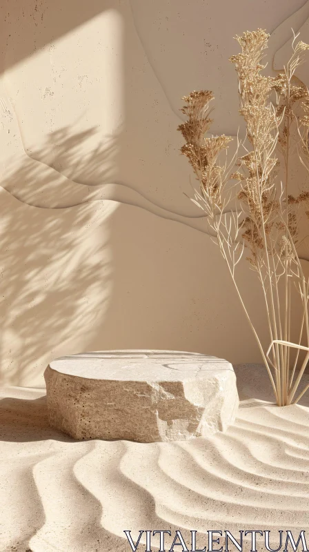 Artistic Beige Sandscape with Stone and Dried Flowers AI Image