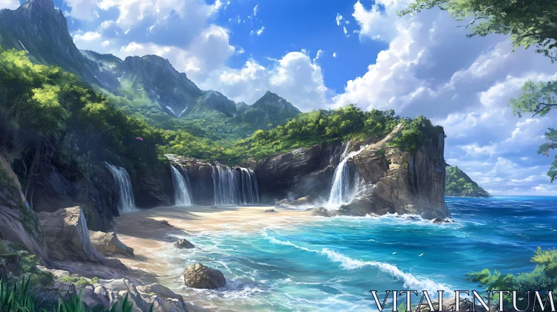 Spectacular Coastal Waterfalls and Scenic Beach AI Image