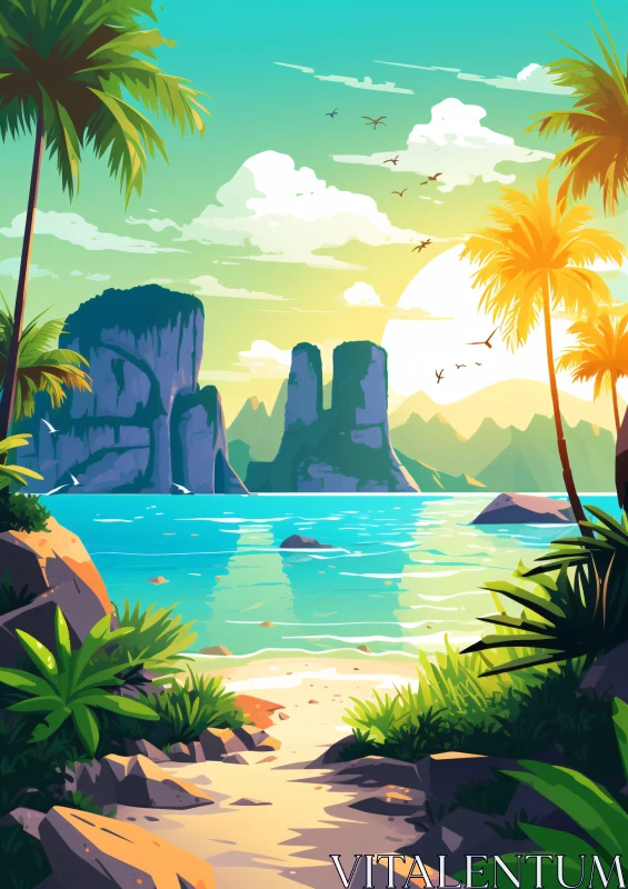 Tropical Beach Sunset with Palms and Rock Formations AI Image