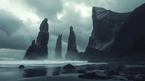 Misty Coastline with Towering Sea Stacks