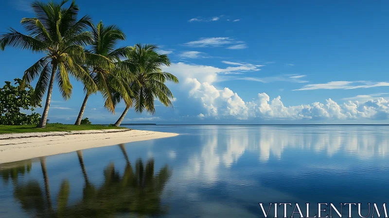 Palm Trees on Serene Beach with Clear Sky and Calm Waters AI Image