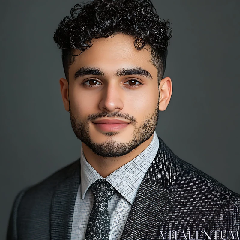 Formal Portrait of a Curly-Haired Man in a Suit AI Image